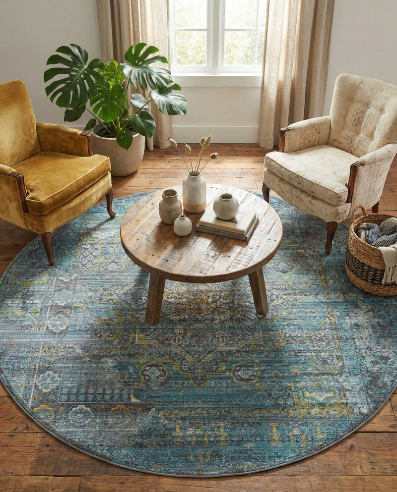 Caribbean Breeze Collection Area Rug -  Martinique Round Turquoise  lifestyle 57