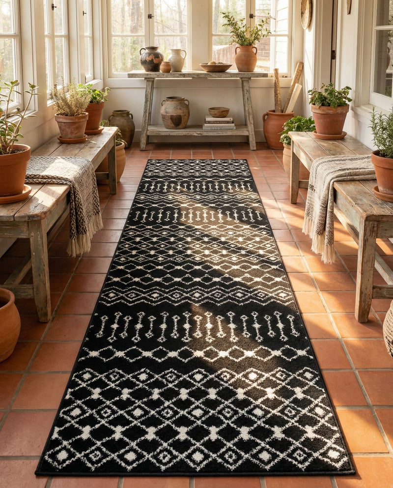 Mediterranean Lattice Collection Area Rug - Santorini (Black and White) Runner Black and White  lifestyle 55