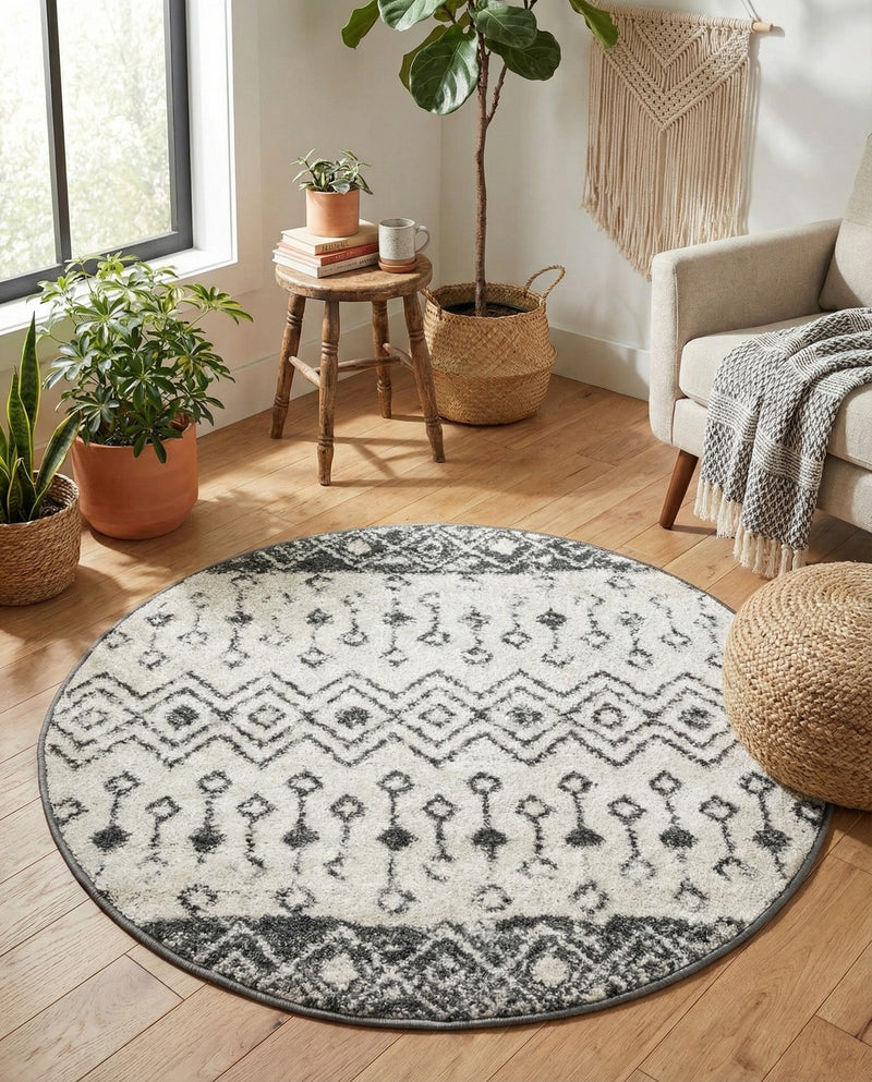 Mediterranean Lattice Collection Area Rug -  Casablanca (Ivory and Gray) Round Ivory and Gray  lifestyle 31