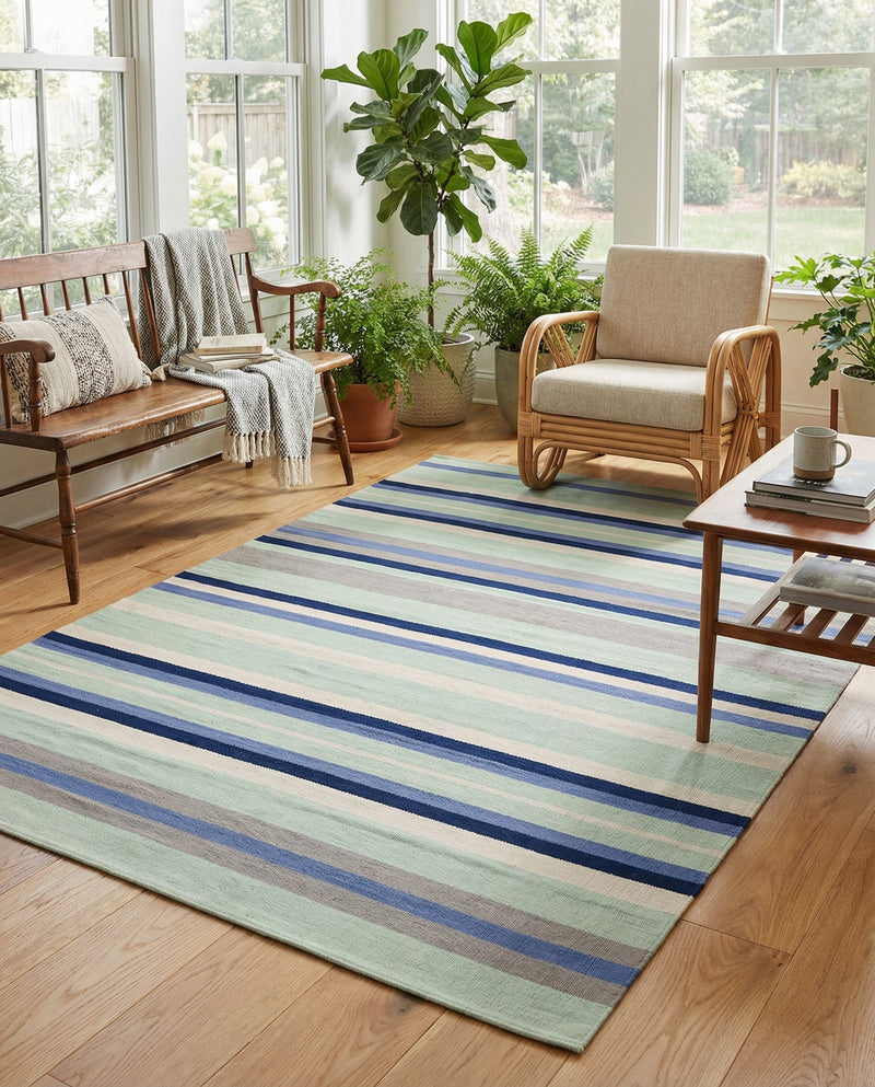 Coastal Stripe Dhurrie Collection Area Rug - Seashore Rectangle Aqua Blue and Gray  lifestyle 42