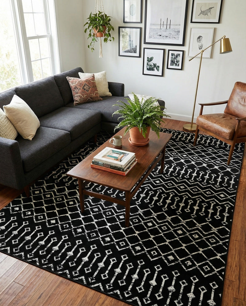 Marrakech Lattice Collection Area Rug - Medina (Black) Rectangle Black  lifestyle 15