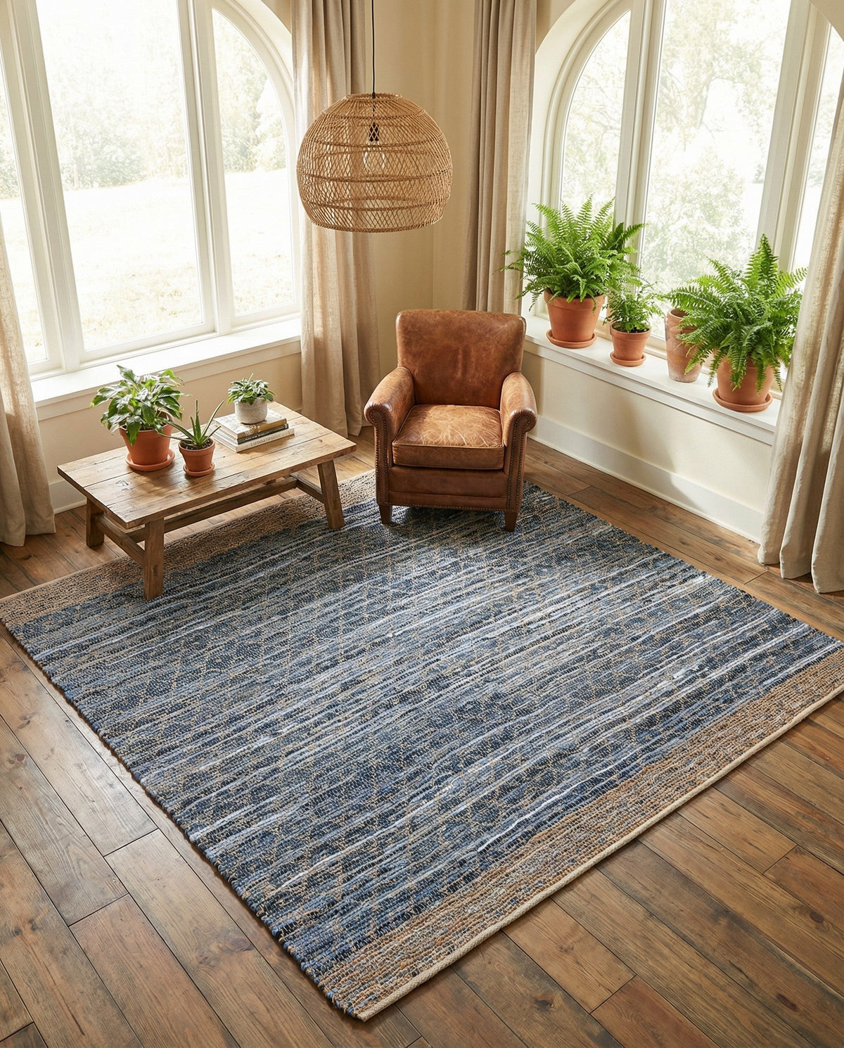 Tulum Trellis Collection Area Rug - Shoreline Square Denim blue  lifestyle 166