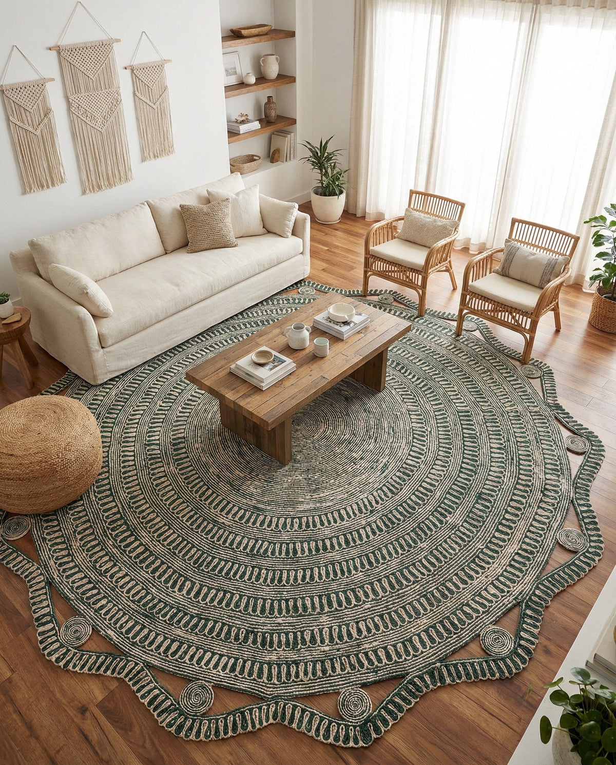 Woven Seaside Jute Collection Area Rug - Nantucket Round Green and White  lifestyle 56