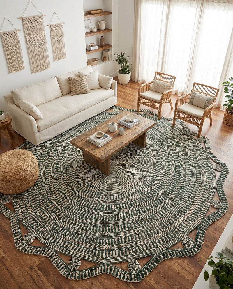 Woven Seaside Jute Collection Area Rug - Nantucket Round Green and White  lifestyle 56