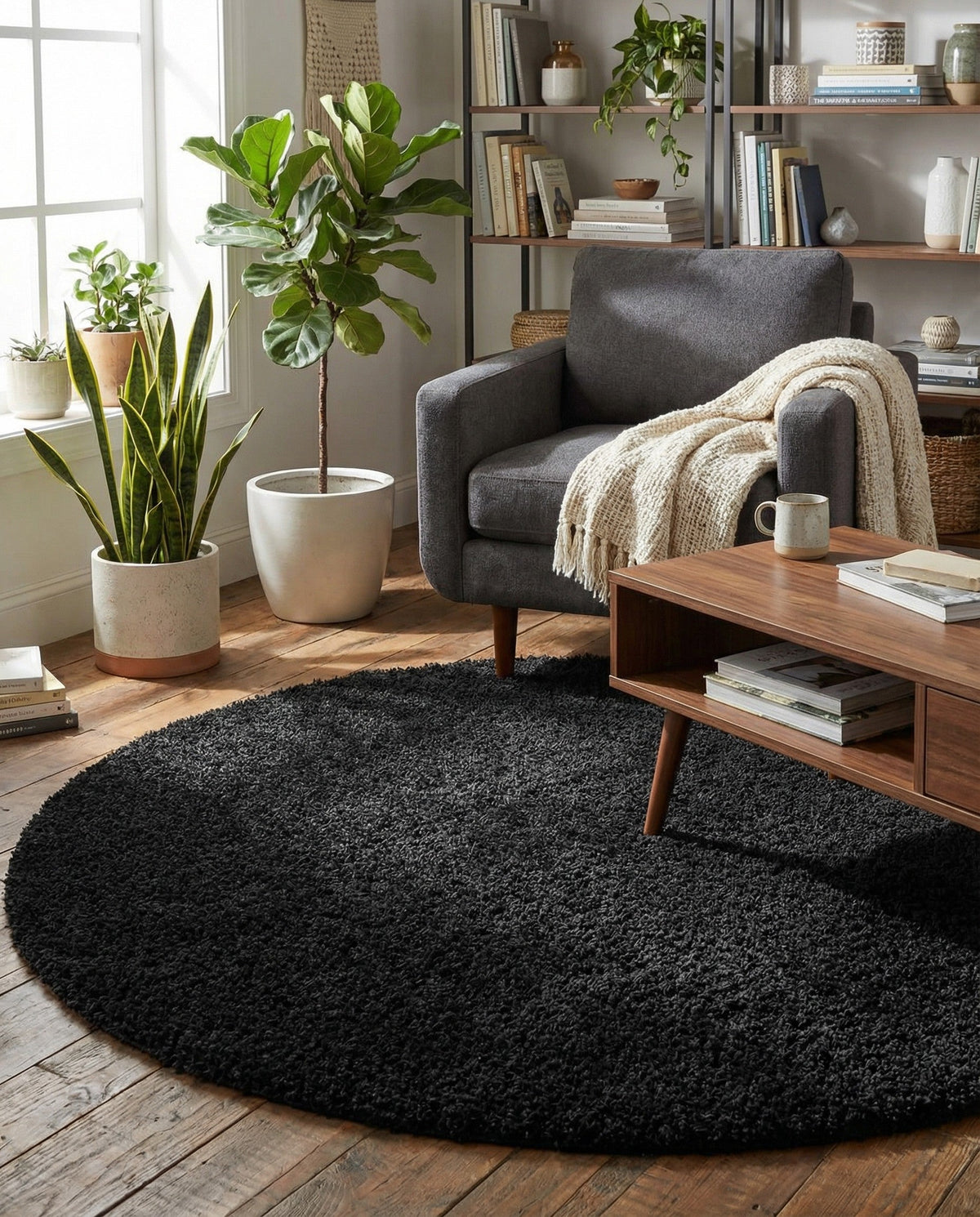 Plush Oasis Collection Area Rug - Serenity (Jet Black) Round Jet Black  lifestyle 92