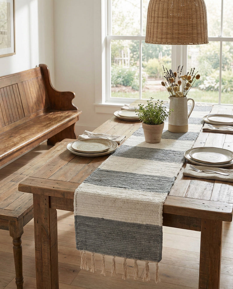 Tassel Trail Collection Area Rug - Pathway (Gray) Table Runner Gray  lifestyle 48