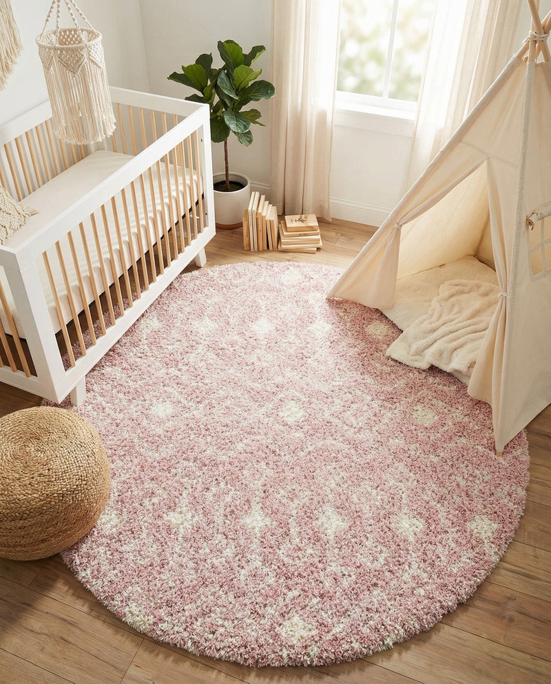 Berber Lattice Shag Collection Area Rug - Atlas (Light Pink) Round Light Pink  lifestyle 57