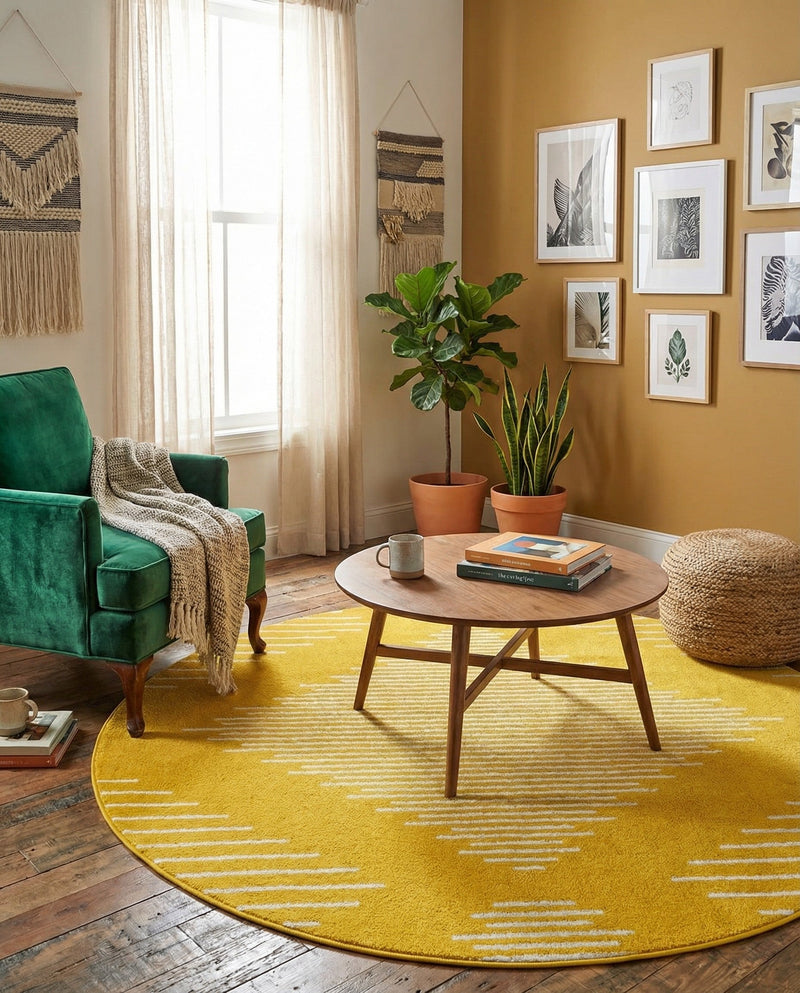 Seychelles Stripes Collection Area Rug - Mahe (Yellow) Round Yellow  lifestyle 21