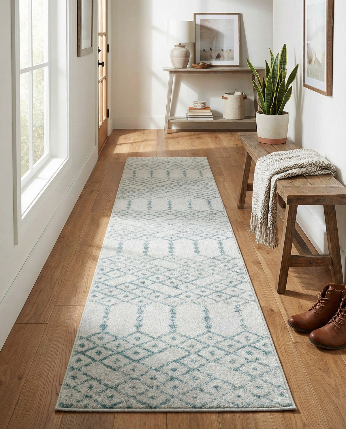 Marrakesh Lattice Collection Area Rug - Casablanca (Ivory Aqua) Runner Ivory Aqua  lifestyle 72
