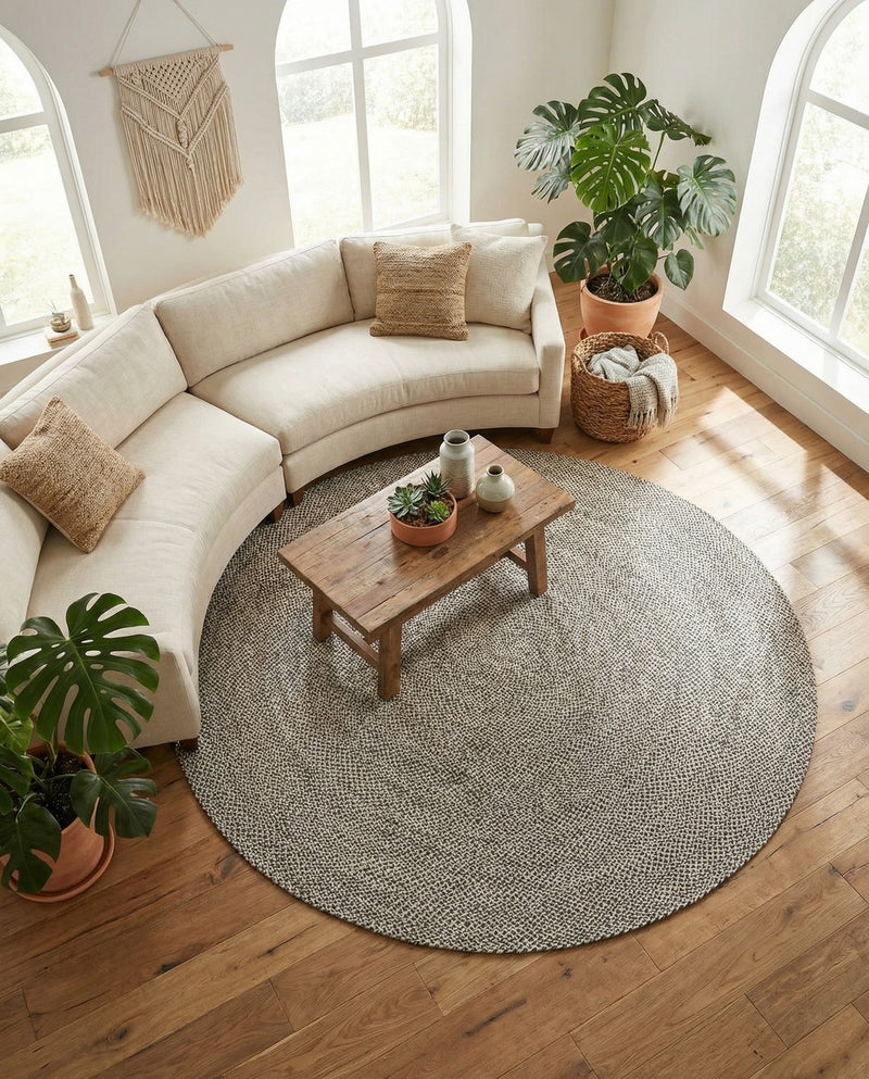 Highland Woven Jute Collection Area Rug - Glenmore (Gray) Round Gray  lifestyle 73