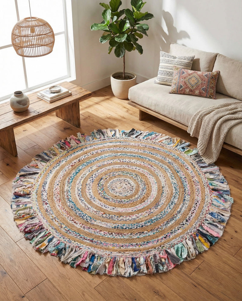 Osian Looms Collection Area Rug - Kathmandu Round Multi White  lifestyle 53