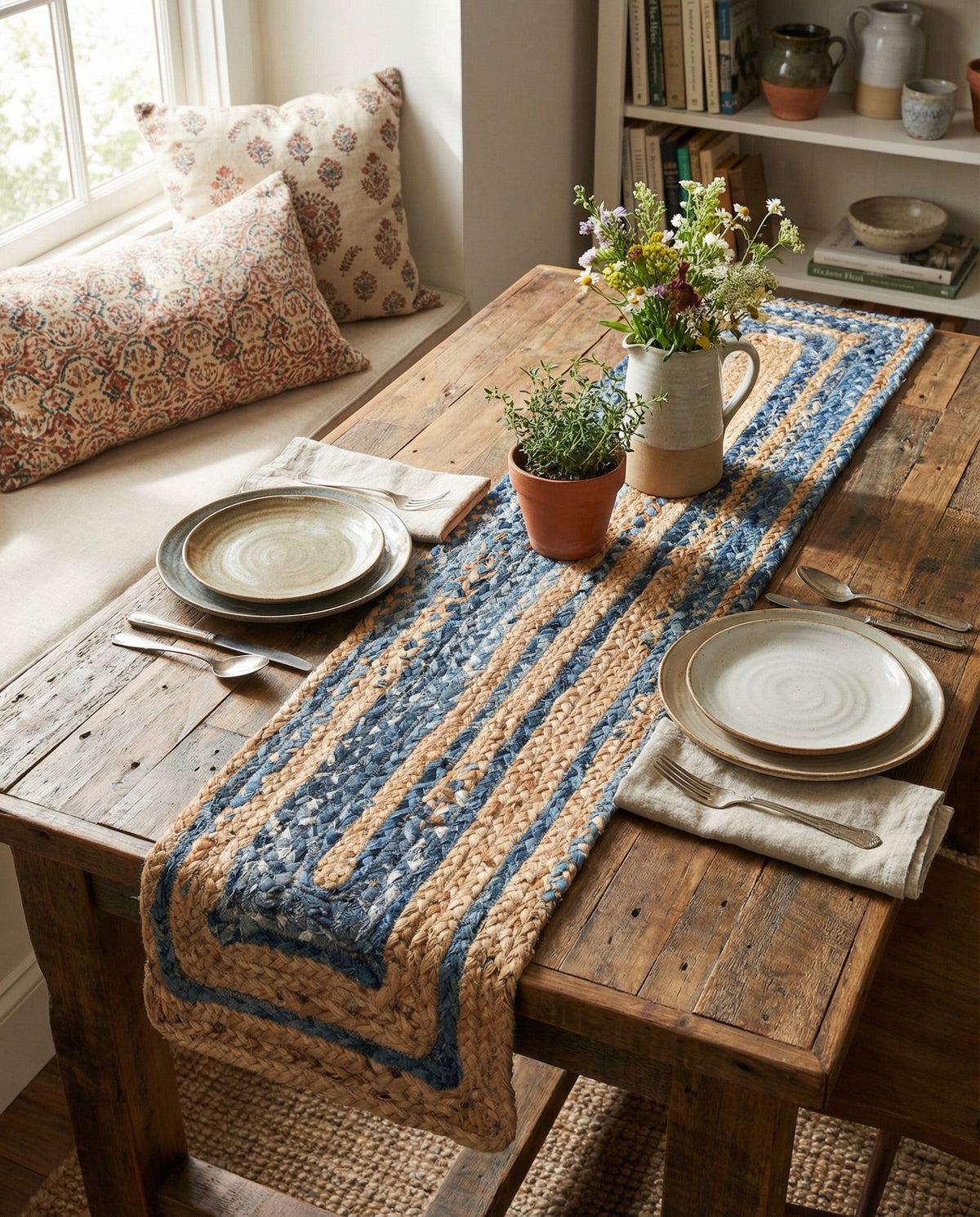 Woven Udaipur Collection Area Rug - Sahara Table Runner Blue and Natural  lifestyle 96