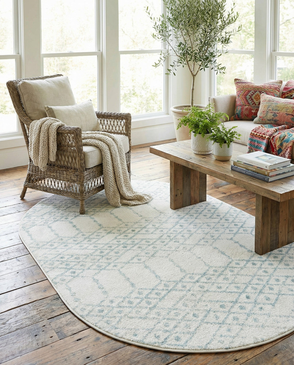 Marrakesh Lattice Collection Area Rug - Casablanca (Ivory Aqua) Oval Ivory Aqua  lifestyle 85