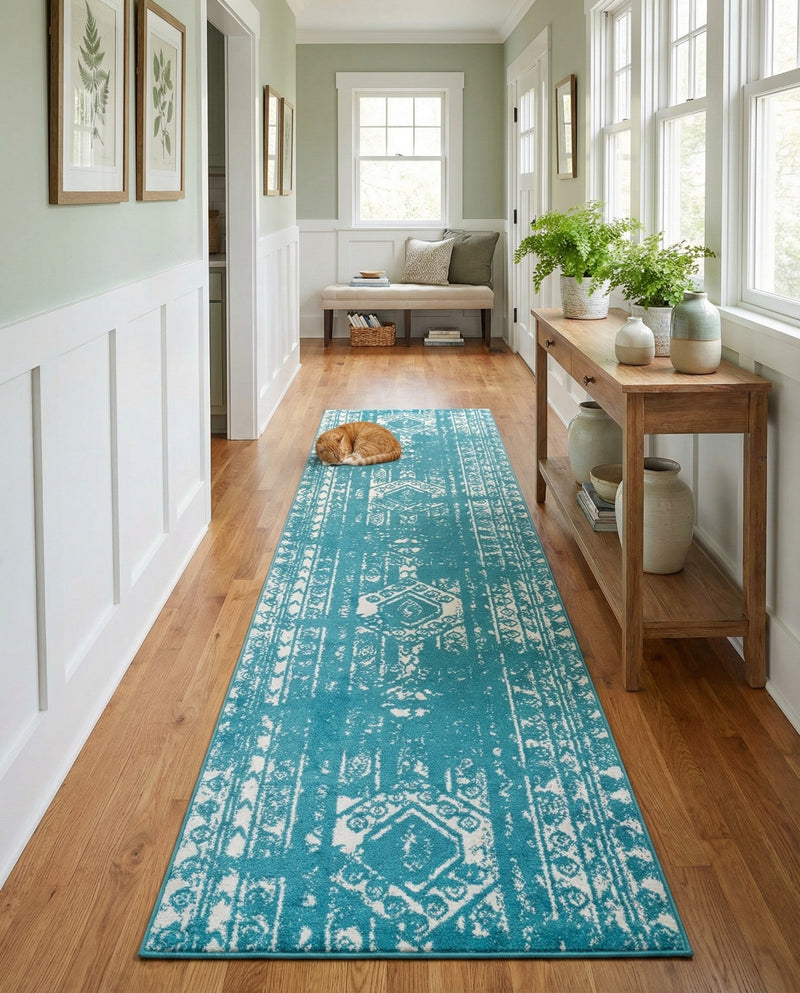 Brighton Stripes Collection Area Rug - Sussex (Turquoise) Runner Turquoise  lifestyle 41