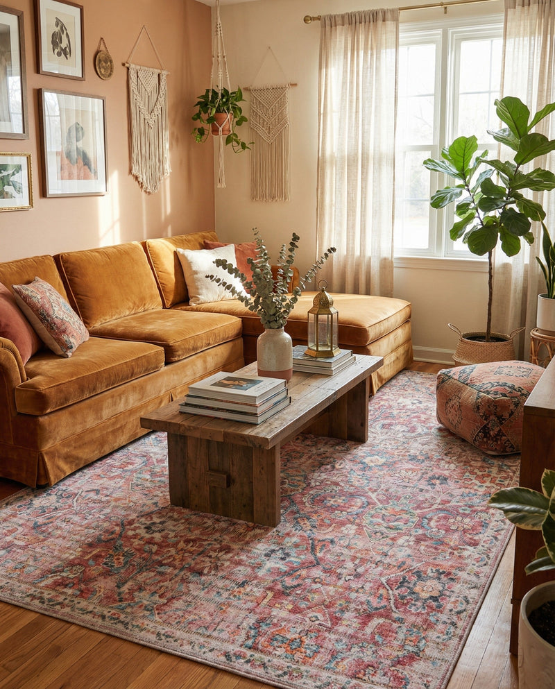 Vintage Memories Collection Area Rug -  Flashback Rectangle Ivory and Pink  lifestyle 7