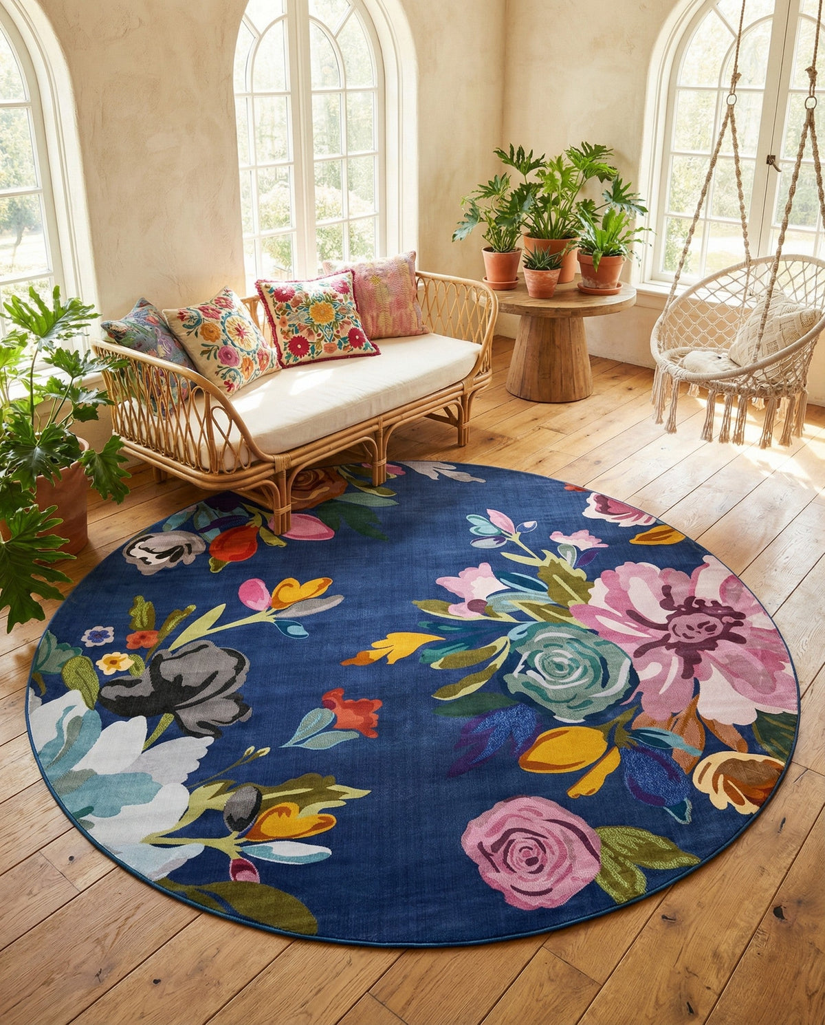 Meadow Breeze Collection Area Rug - Wildflower Round Blue  lifestyle 130