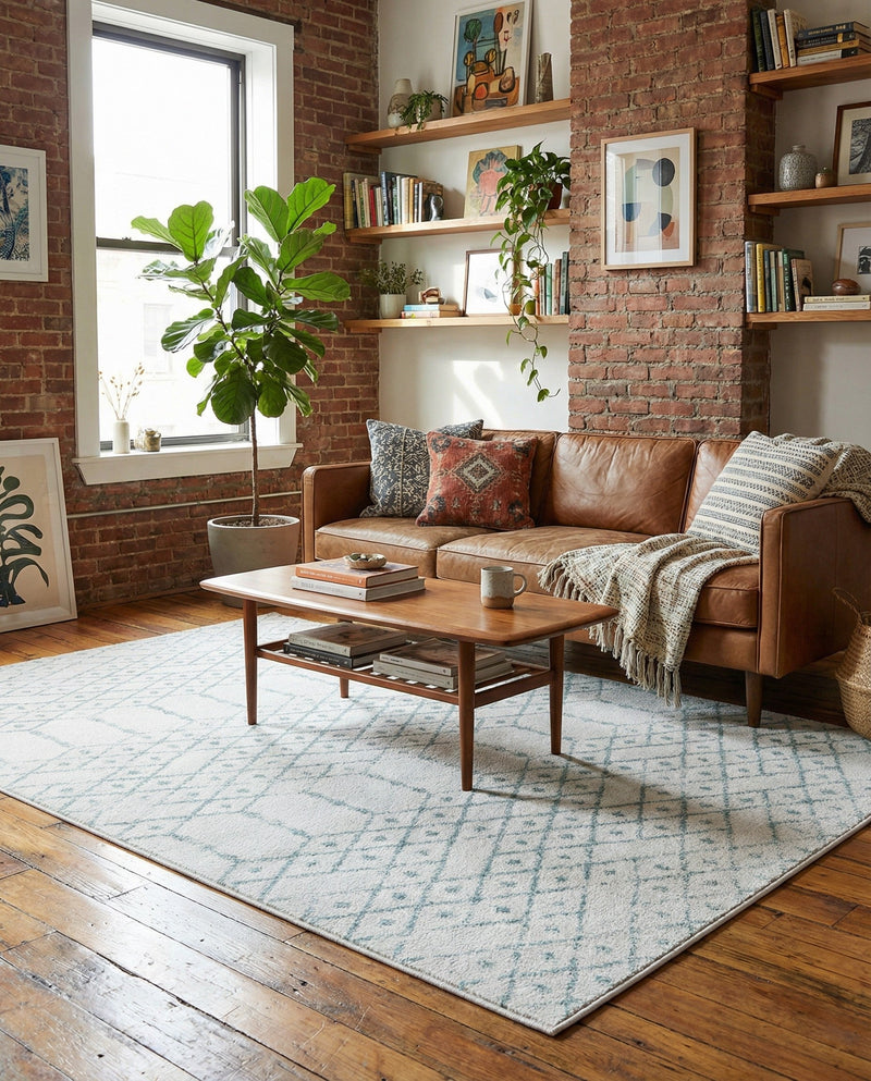 Marrakesh Lattice Collection Area Rug - Casablanca (Ivory Aqua) Rectangle Ivory Aqua  lifestyle 17