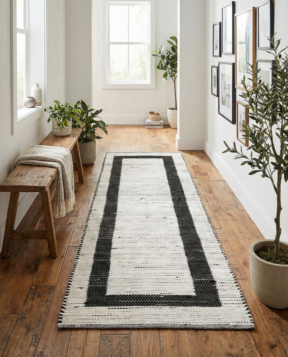 Osian Looms Collection Area Rug - Durham Runner White and Black  lifestyle 176