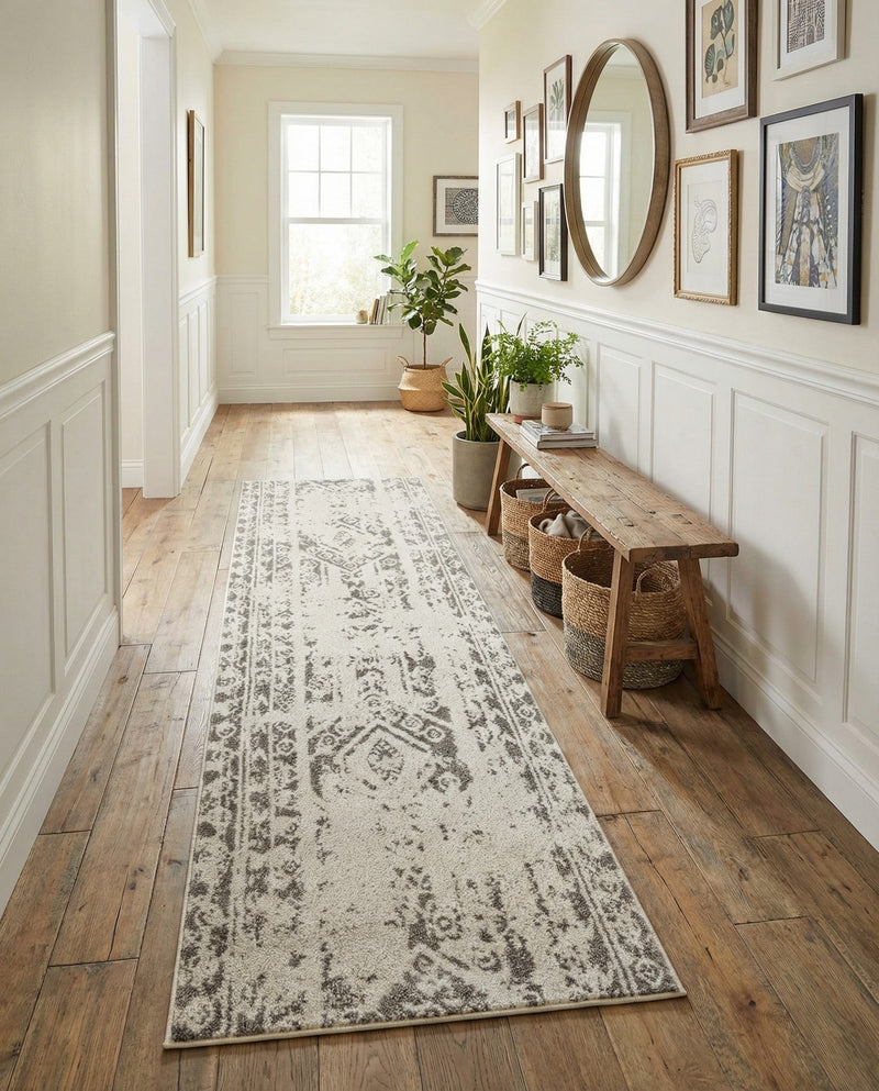 Brighton Stripes Collection Area Rug - Sussex (Ivory and Gray) Runner Ivory and Gray  lifestyle 17