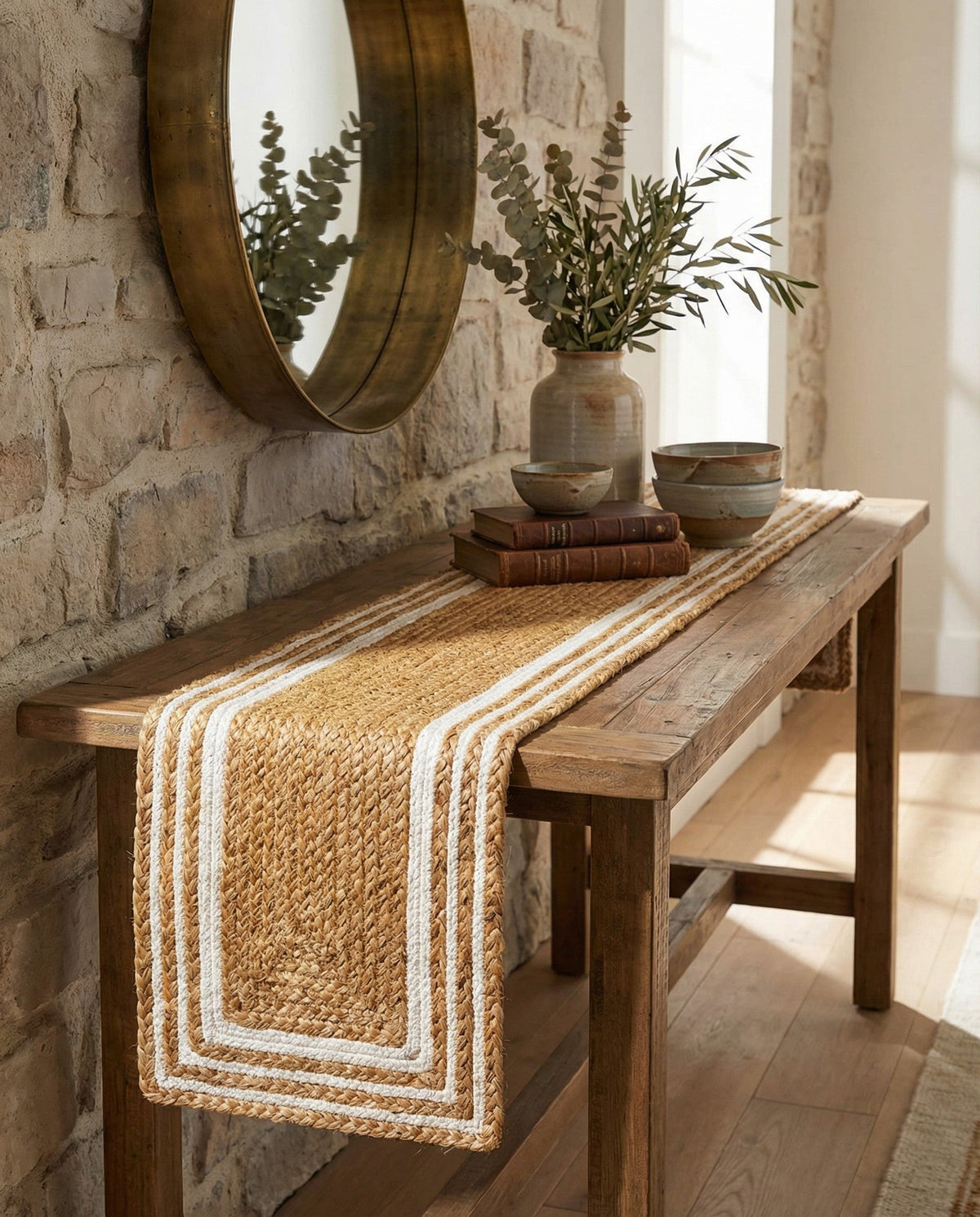Woven Seaside Jute Collection Area Rug - Nantucket Table Runner Natural and White  lifestyle 119