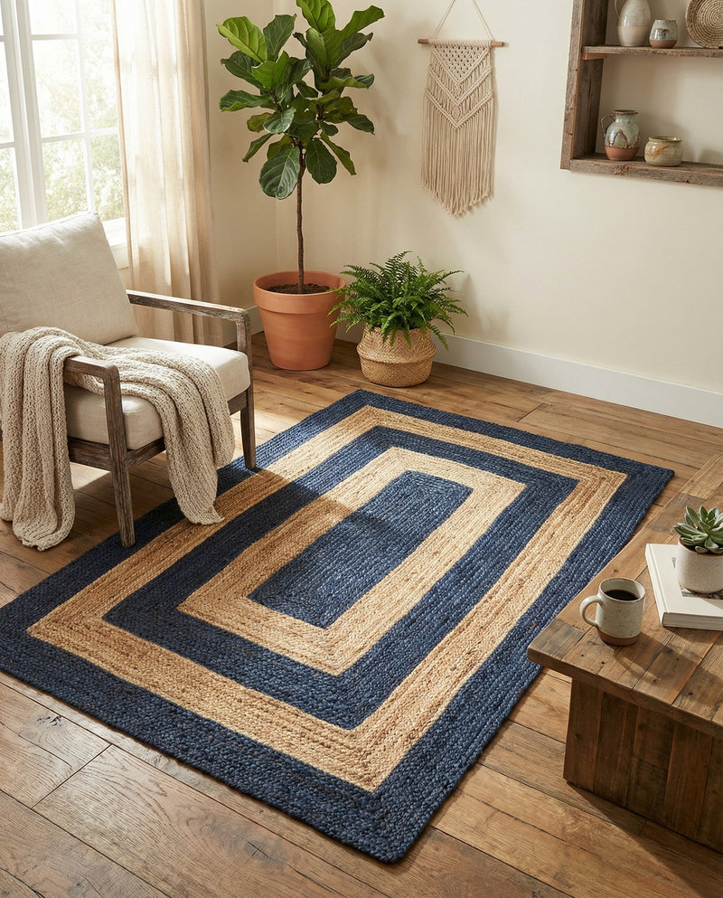 Woven Seaside Jute Collection Area Rug - Nautilus Rectangle Navy Blue Natural  lifestyle 15