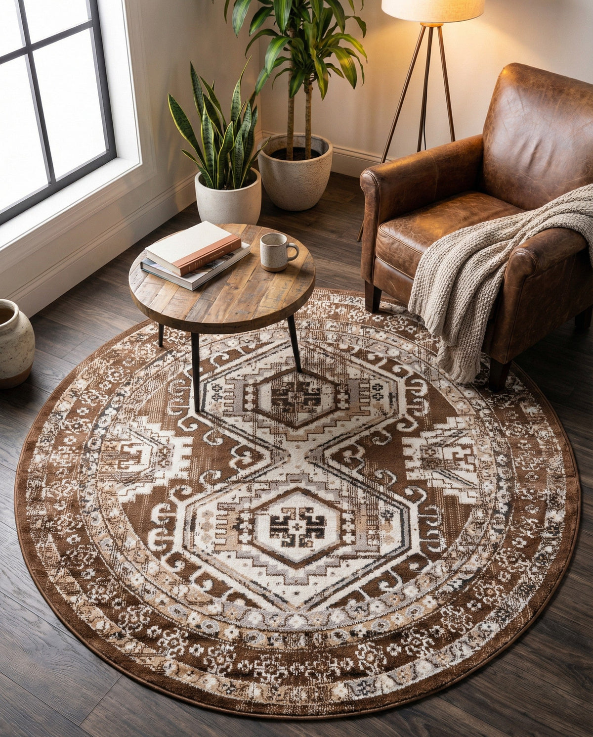 Savannah Elegance Collection Area Rug -  Tybee (Brown) Round Brown  lifestyle 97