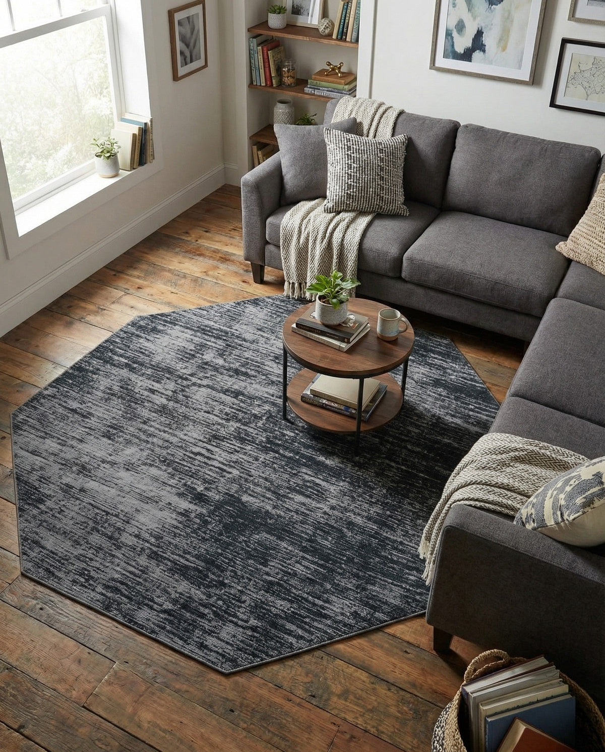 Sahara Essence Collection Area Rug - Oasis (Black) Octagon Black  lifestyle 85