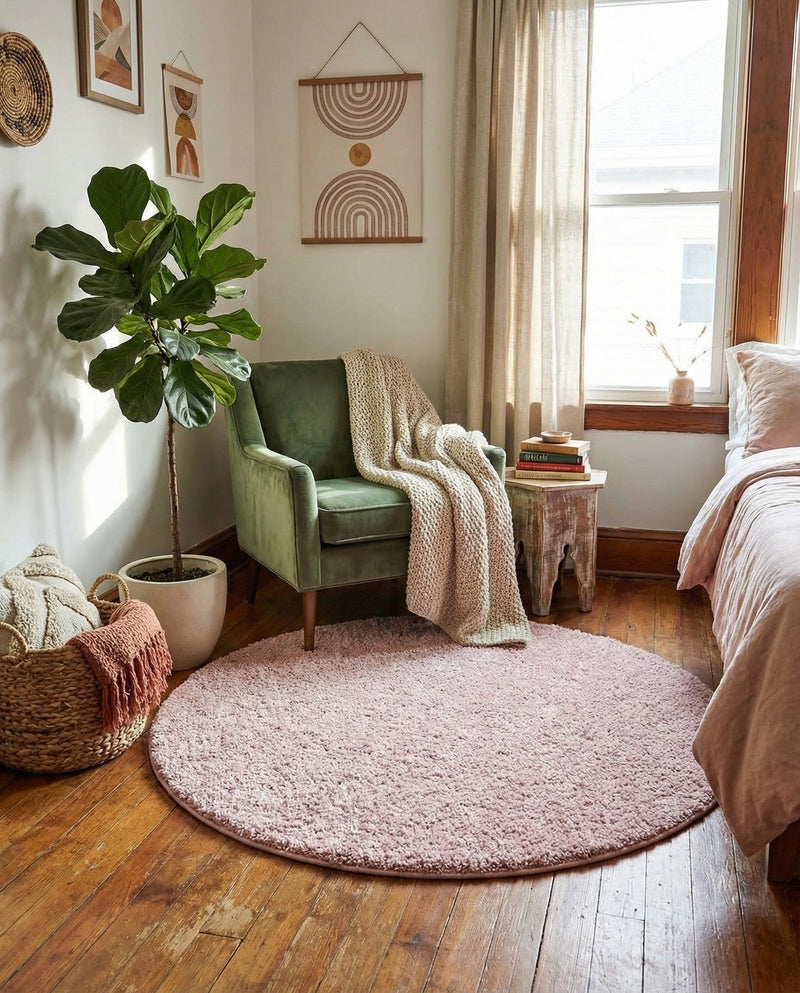 Cozy Comfort Shag Collection Area Rug - Haven (Pink) Round Pink  lifestyle 63