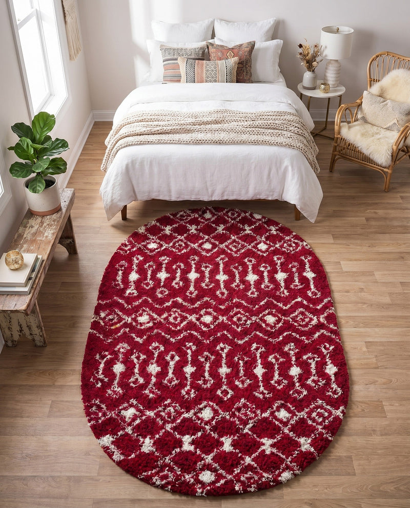 Berber Lattice Shag Collection Area Rug - Atlas (Burgundy Red) Oval Burgundy Red  lifestyle 65