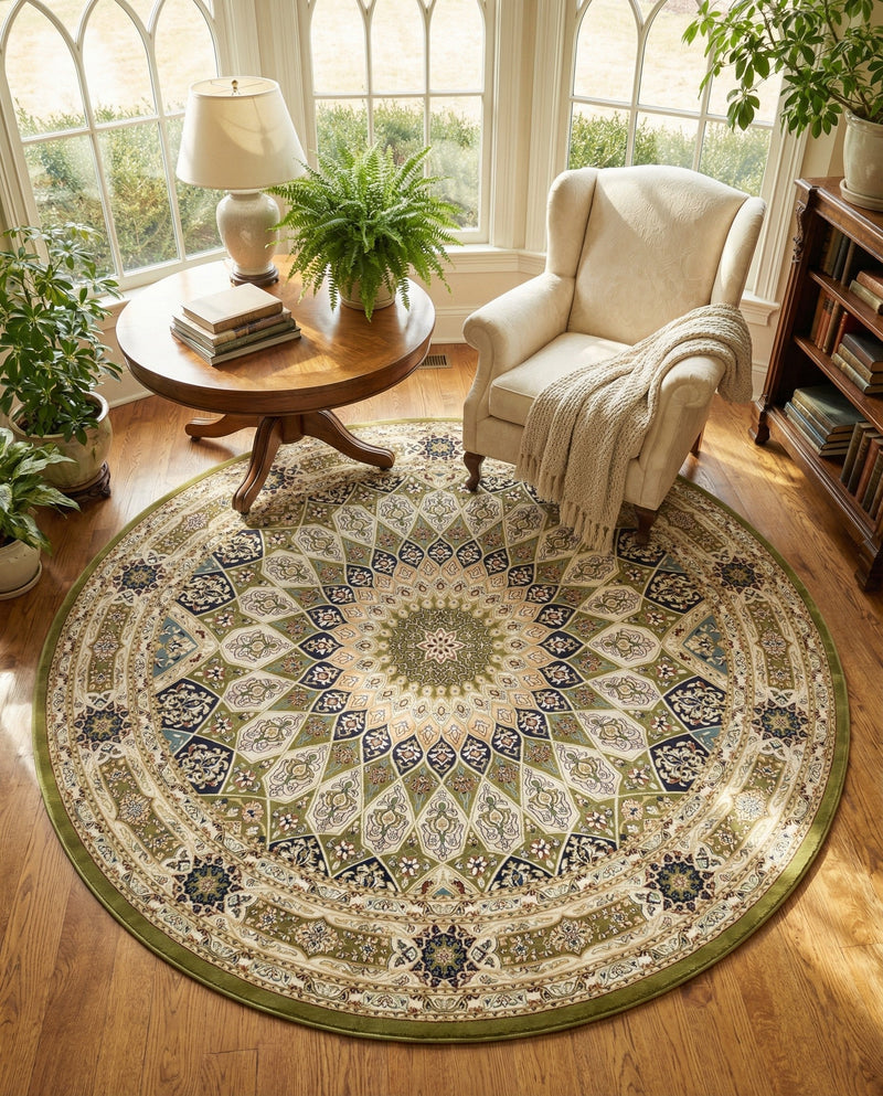 Persian Elegance Collection Area Rug -  Hamedan (Green) Round Green  lifestyle 31