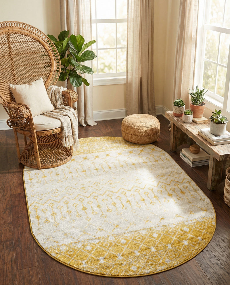 Mediterranean Lattice Collection Area Rug -  Casablanca (Ivory and Yellow) Oval Ivory and Yellow  lifestyle 64