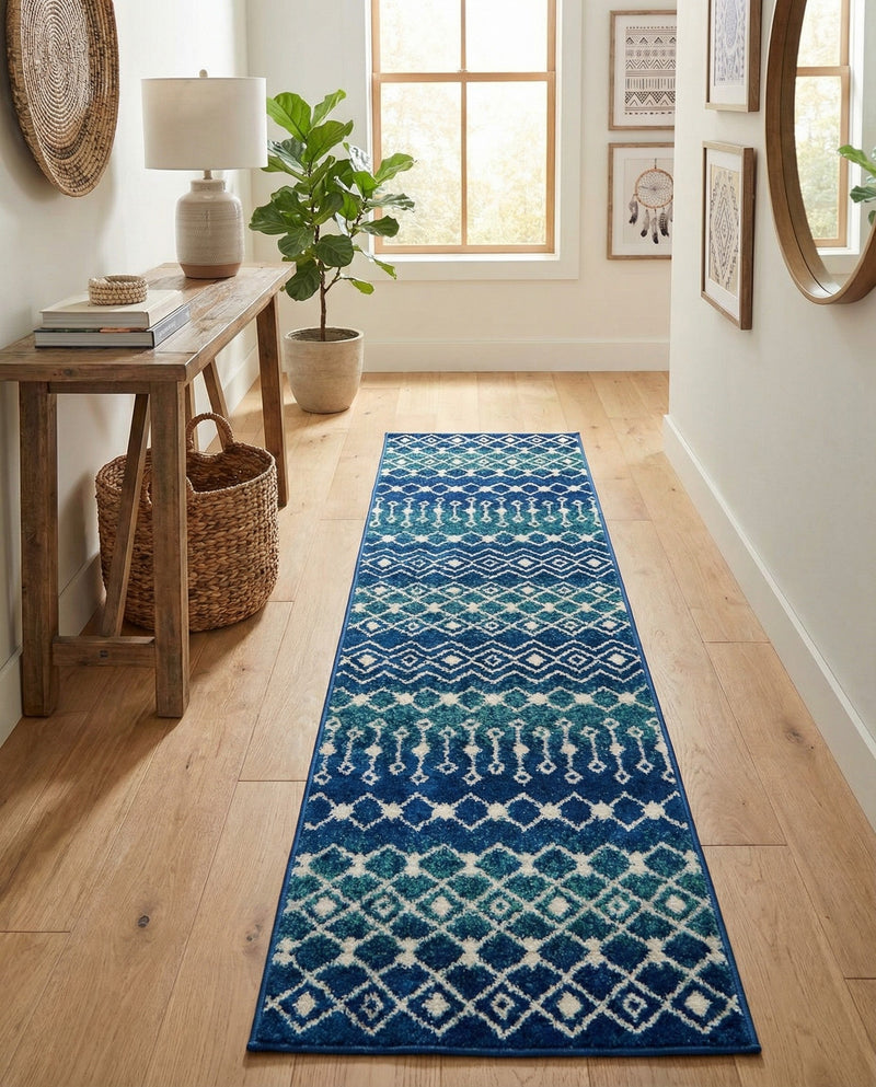 Mediterranean Lattice Collection Area Rug - Santorini (Navy and Teal) Runner Navy and Teal  lifestyle 68