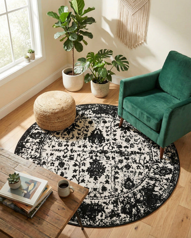 Cascade Range Collection Area Rug -  Shasta (Black and White) Round Black and White  lifestyle 72