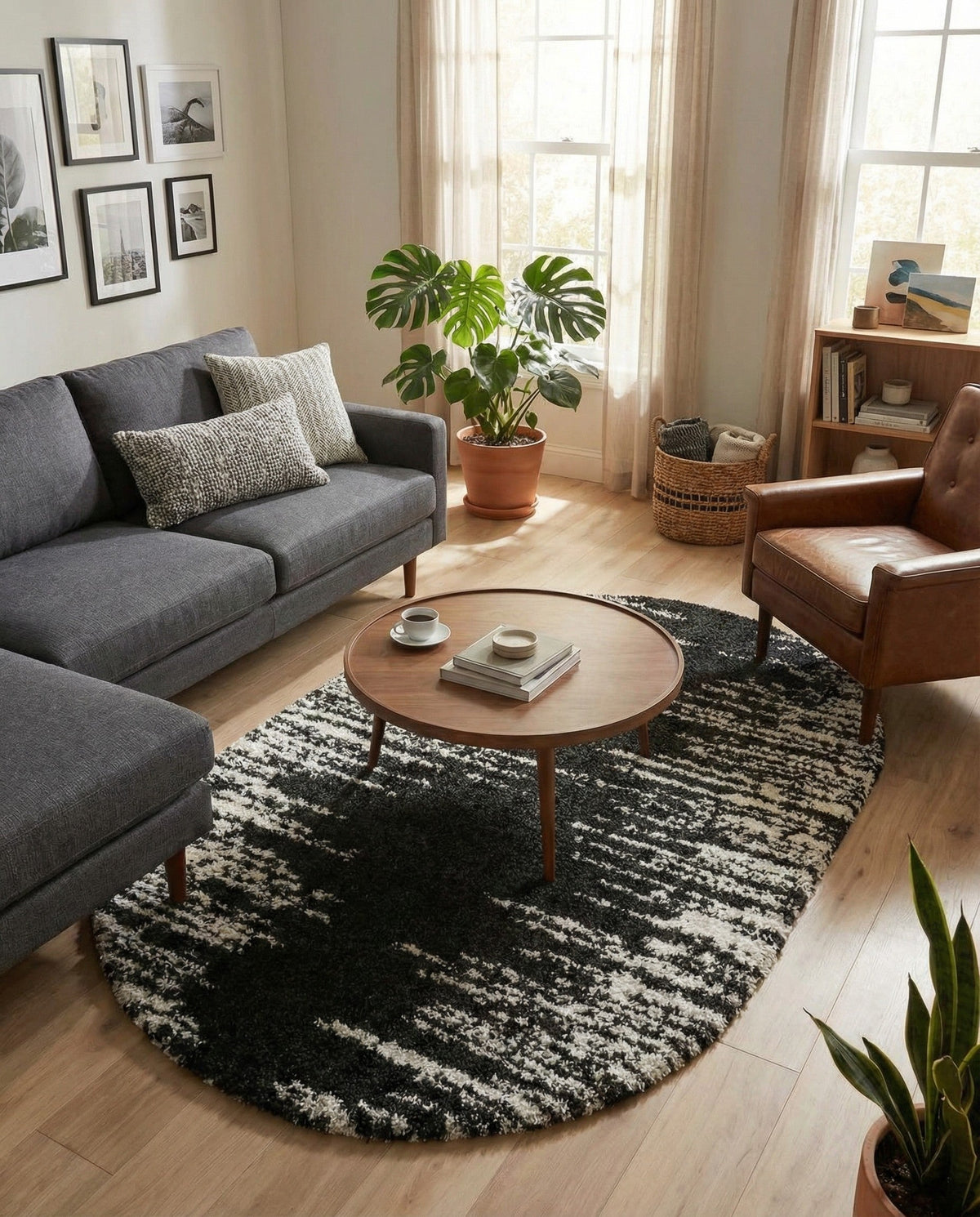 Tranquil Tides Shag Collection Area Rug - Marina Oval Black and White  lifestyle 190
