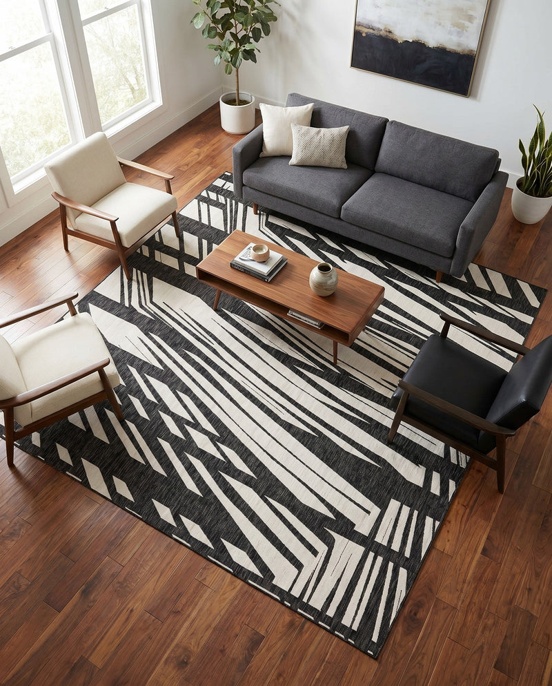 Urban Terrace Collection Area Rug -  Queens Square Black and White  lifestyle 30