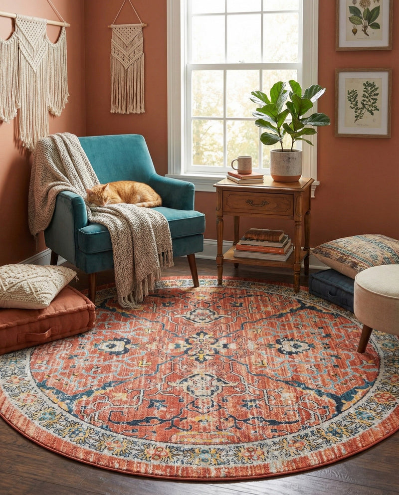 Seville Stripes Collection Area Rug -  Malaga (Brick Red) Round Brick Red  lifestyle 70