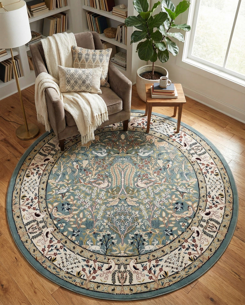 Persian Elegance Collection Area Rug -  Kerman (Blue) Round Blue  lifestyle 57