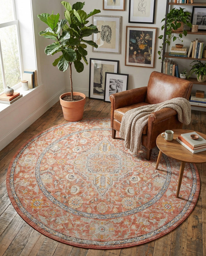 Seville Stripes Collection Area Rug - Cadiz (Brick Red) Round Brick Red  lifestyle 25