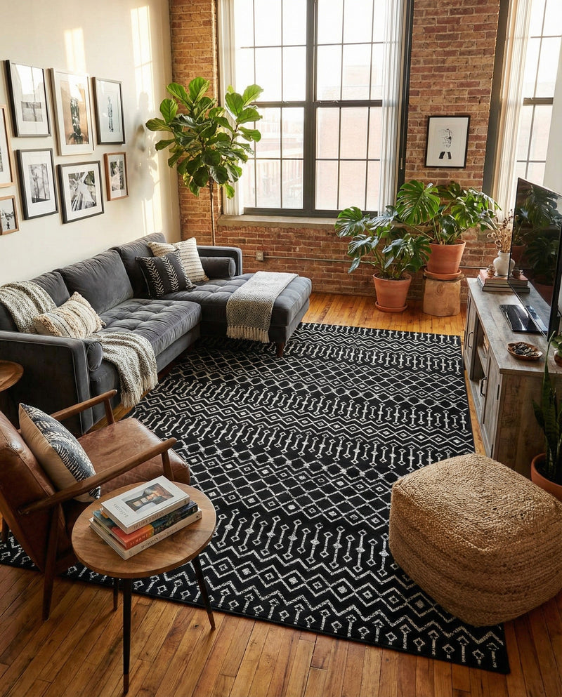 Marrakech Lattice Collection Area Rug - Medina (Black) Rectangle Black  lifestyle 9