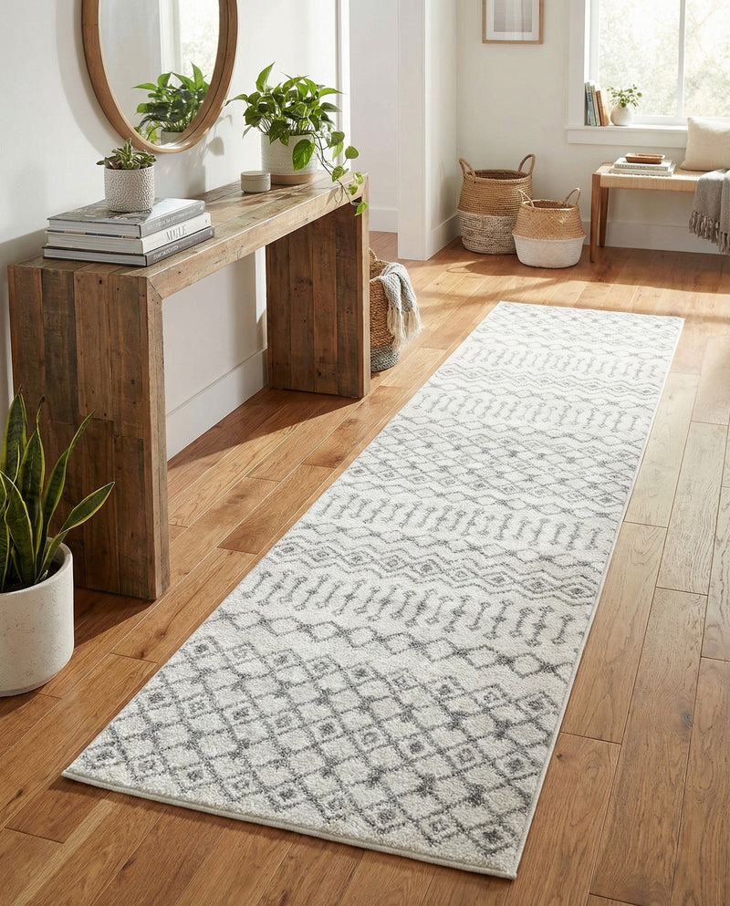 Mediterranean Lattice Collection Area Rug - Santorini (Ivory and Gray) Runner Ivory and Gray  lifestyle 79