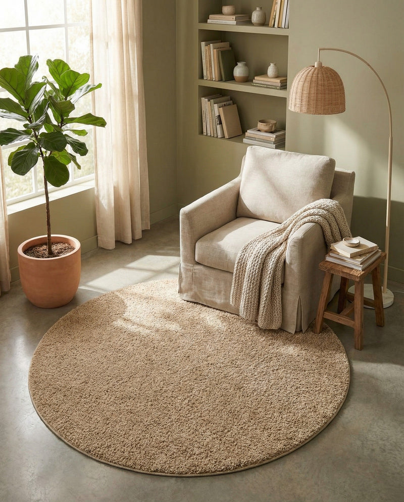 Cozy Comfort Shag Collection Area Rug - Haven (Khaki) Round Khaki  lifestyle 70