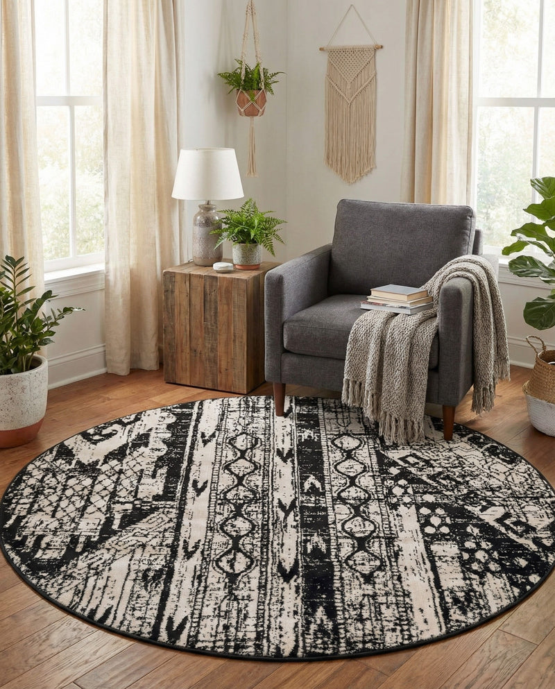 Cascade Range Collection Area Rug - Hood (Black and White) Round Black and White  lifestyle 66