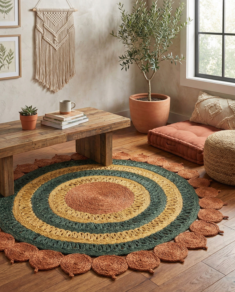 Woven Seaside Jute Collection Area Rug - Coastalhaven (Orange Green Yellow) Round Orange Green Yellow  lifestyle 26