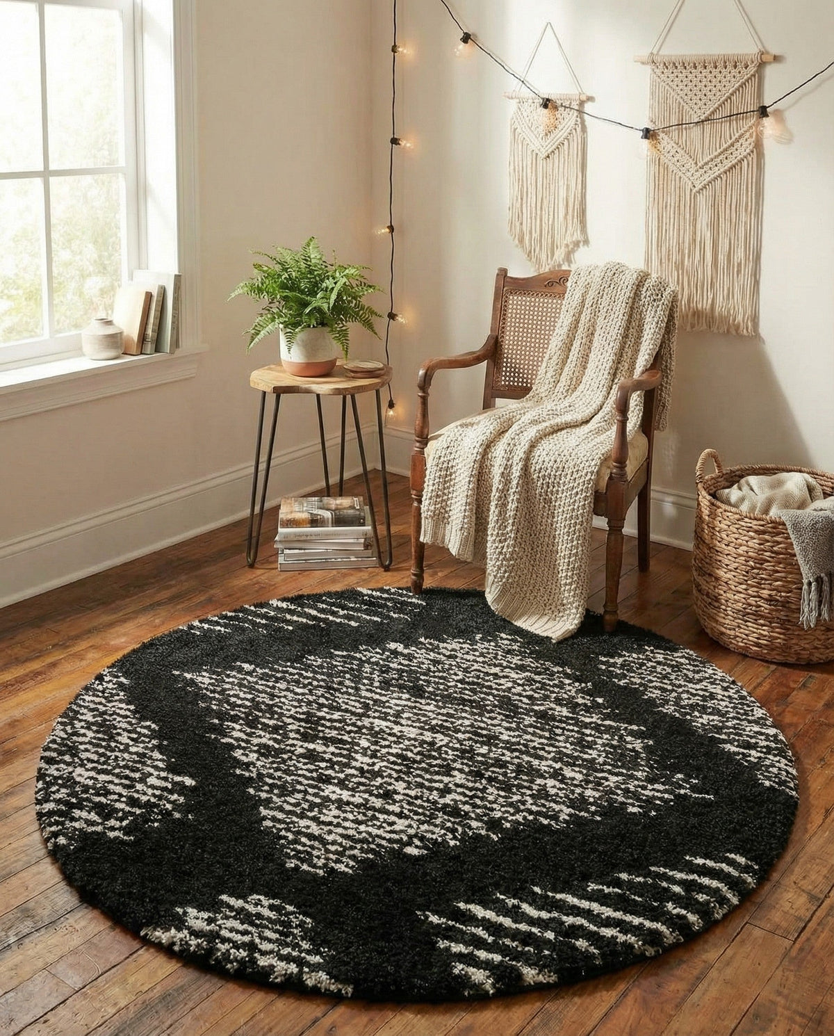 Tranquil Tides Shag Collection Area Rug -  Azure Round Black and White  lifestyle 190