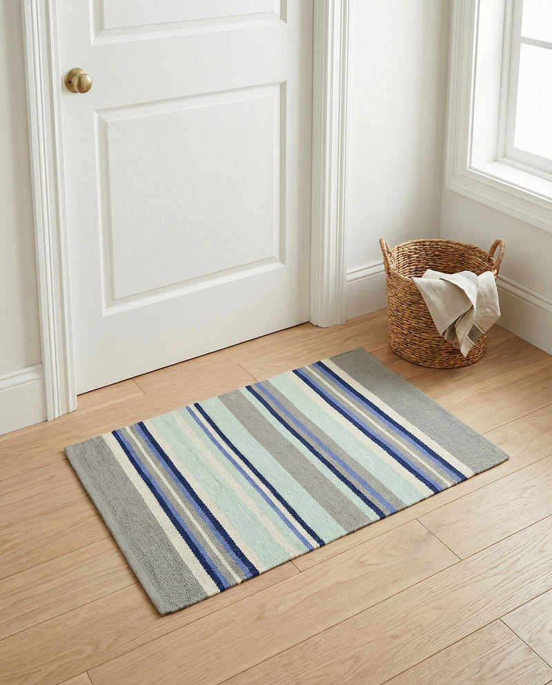 Coastal Stripe Dhurrie Collection Area Rug - Seashore Rectangle Aqua Blue and Gray  lifestyle 21