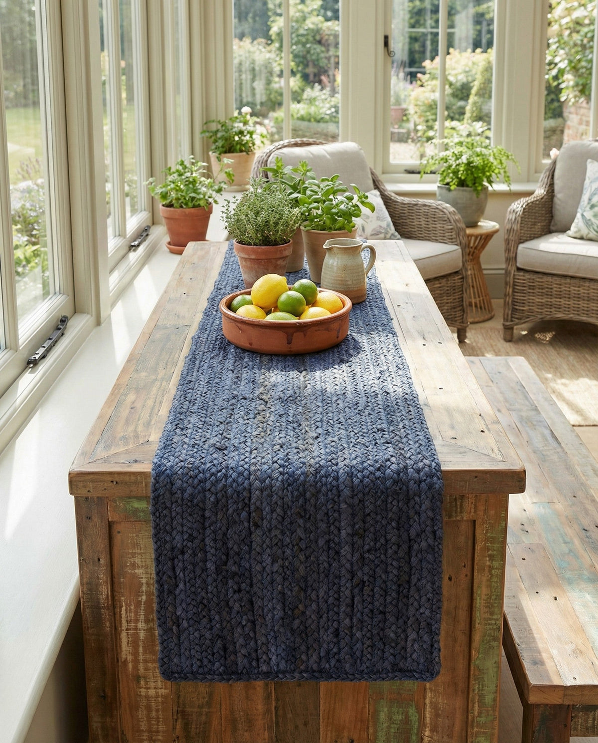 Woven Seaside Jute Collection Area Rug - Savannah (Navy Blue) Table Runner Navy Blue  lifestyle 85