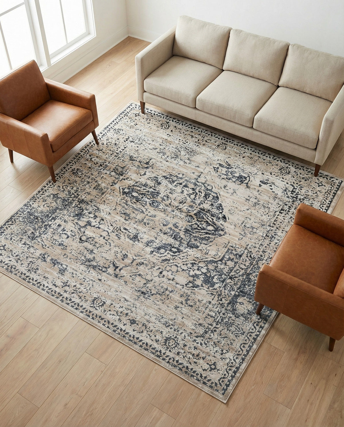 Coastal Manor Collection Area Rug -  Dunes Square Dark Blue  lifestyle 111