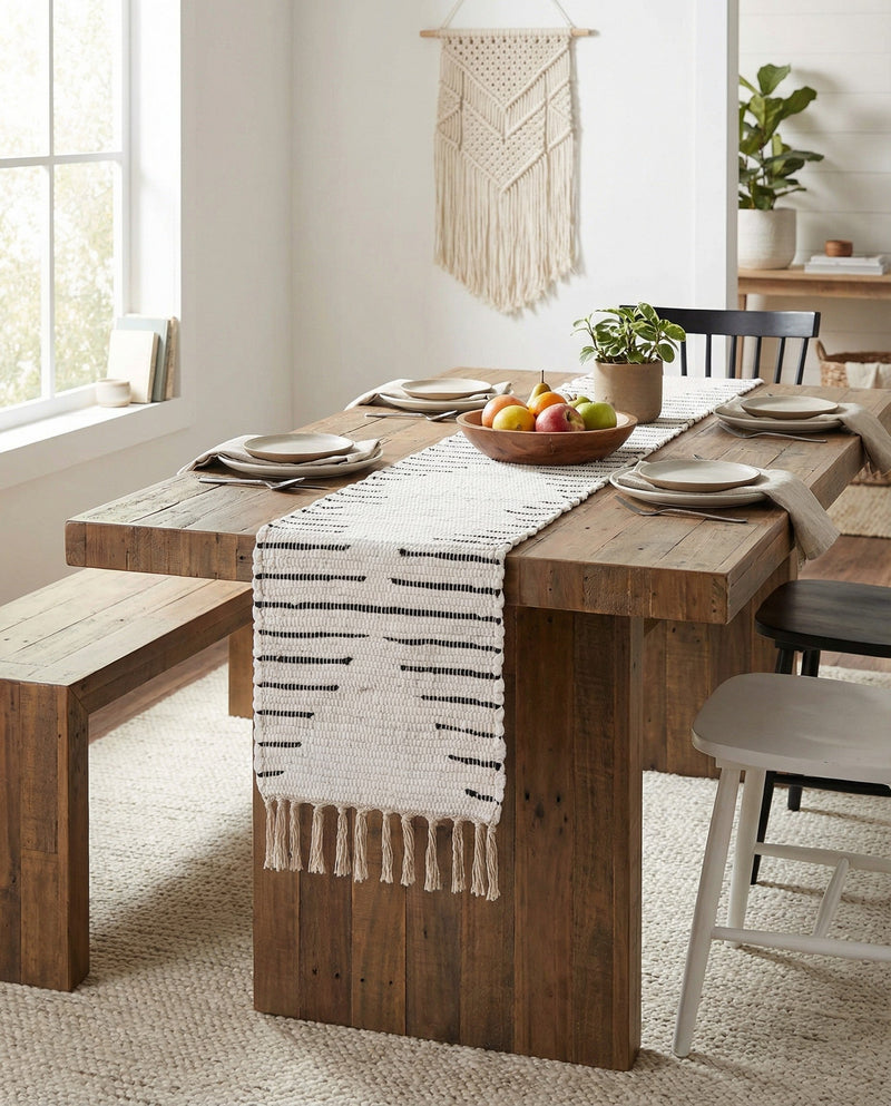 Thar Cotton Collection Area Rug - Jaisalmer (White) Table Runner White  lifestyle 71