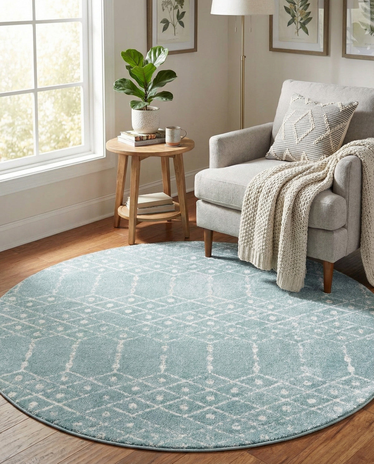 Marrakesh Lattice Collection Area Rug - Casablanca (Aqua) Round Aqua  lifestyle 92