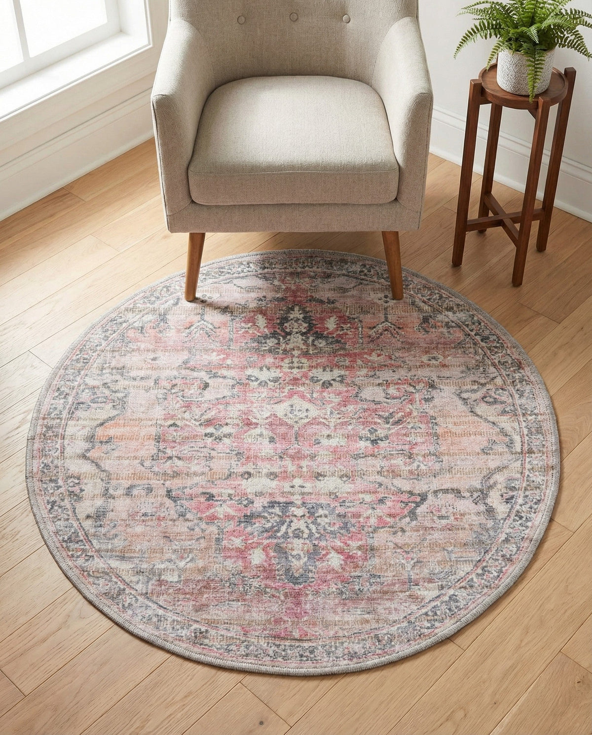 Vintage Memories Collection Area Rug - Echoes Round Beige pink  lifestyle 103